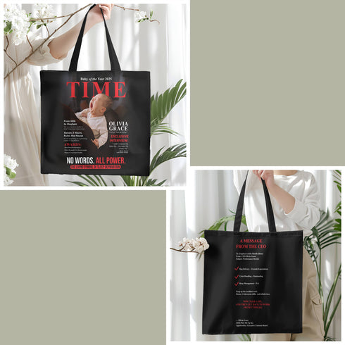 Personalized TIME Baby Magazine Tote Bag – Custom Photo, Name & Quote | Funny Gift for Mom
